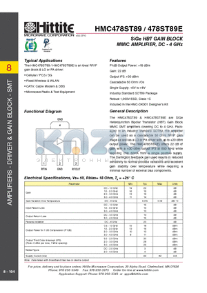 478ST89E datasheet - SiGe HBT GAIN BLOCK MMIC AMPLIFIER, DC - 4 GHz