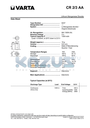 CR2/3AA datasheet - Lithium Manganese Dioxide