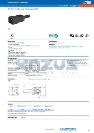 4796 datasheet - IEC Plug I, Cord Connector (Rewireable), Straight