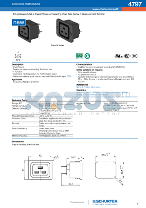 4797 datasheet - IEC Appliance Outlet J, Snap-in/Screw-on Mounting, Front Side, Solder or Quick-connect Terminal