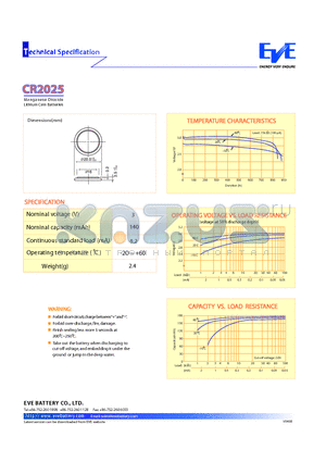 CR2025 datasheet - Manganese Dioxide Lithium Coin Batteries