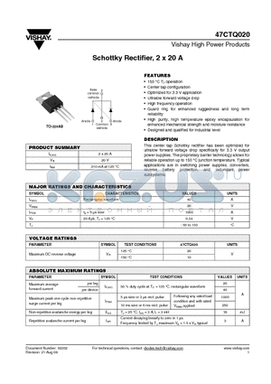 47CTQ020 datasheet - Schottky Rectifier, 2 x 20 A
