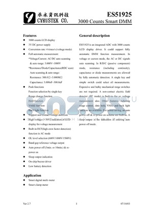 ES51925 datasheet - 3000 Counts Smart DMM