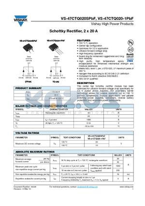 47CTQ020-1TRRPBF datasheet - Schottky Rectifier, 2 x 20 A