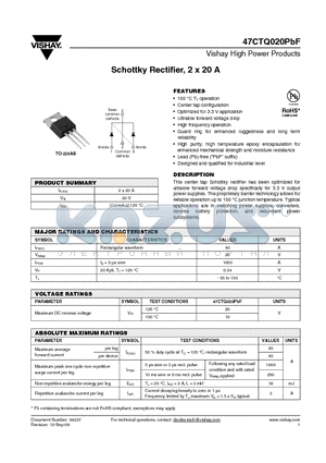 47CTQ020PBF datasheet - Schottky Rectifier, 2 x 20 A