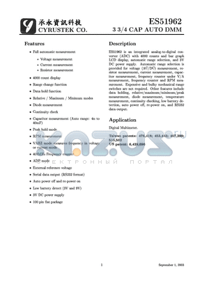 ES51962 datasheet - 3 3/4 CAP AUTO DMM