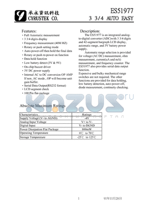 ES51977 datasheet - Integrated analog-to-digital converter (ADC)with 3 3/4 digits and 42-segment bargraph LCD display