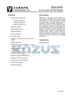 ES51978 datasheet - 3 3/4 CAP AUTO DMM