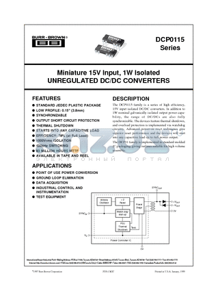 DCP0115 datasheet - Miniature 15V Input, 1W Isolated UNREGULATED DC/DC CONVERTERS