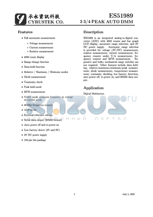 ES51989Q datasheet - 3 3/4 PEAK AUTO DMM