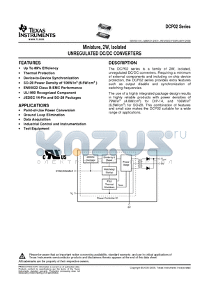 DCP020503 datasheet - Miniature, 2W, Isolated UNREGULATED DC/DC CONVERTERS