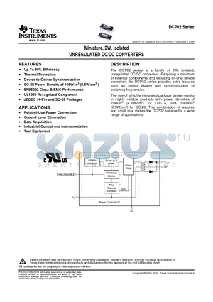 DCP020509U datasheet - Miniature, 2W, Isolated UNREGULATED DC/DC CONVERTERS