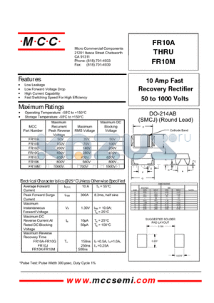 FR10A datasheet - 10 Amp Fast Recovery Rectifier 50 to 1000 Volts