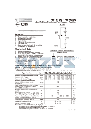 FR107SG datasheet - 1.0 AMP. Glass Passivated Fast Recovery Rectifiers