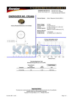 CR2450 datasheet - 3.0 Volts 6.9 grams (0.24 oz.) 2.4 cubic centimeters (0.14 cubic inch)