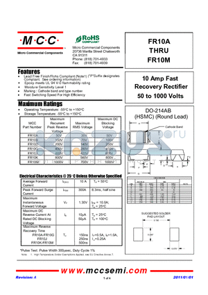 FR10B datasheet - 10 Amp Fast Recovery Rectifier 50 to 1000 Volts
