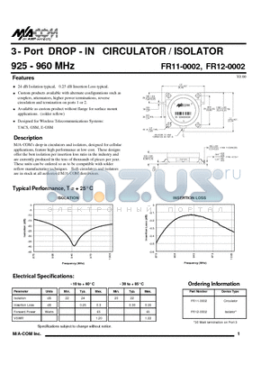 FR11-0002 datasheet - 3- Port DROP - IN CIRCULATOR / ISOLATOR 925 - 960 MHz