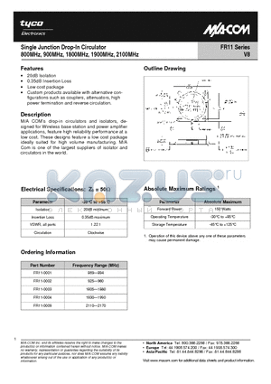 FR11-0003 datasheet - Single Junction Drop-In Circulator 800MHz, 900MHz, 1800MHz, 1900MHz, 2100MHz