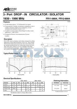 FR11-0004 datasheet - 3- Port DROP - IN CIRCULATOR / ISOLATOR 1930 - 1990 MHz