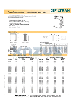 4801-01 datasheet - Power Transformers Fully Enclosed