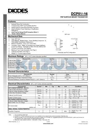 DCP51-16-13 datasheet - PNP SURFACE MOUNT TRANSISTOR