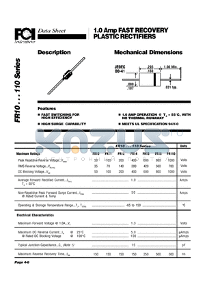 FR110 datasheet - 1.0 Amp FAST RECOVERY PLASTIC RECTIFIERS