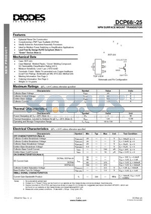 DCP68-25-13 datasheet - NPN SURFACE MOUNT TRANSISTOR