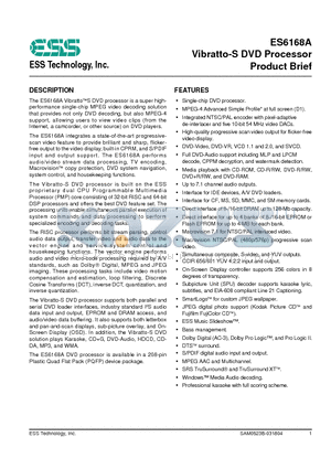 ES6168A datasheet - Vibratto-S DVD Processor Product Brief