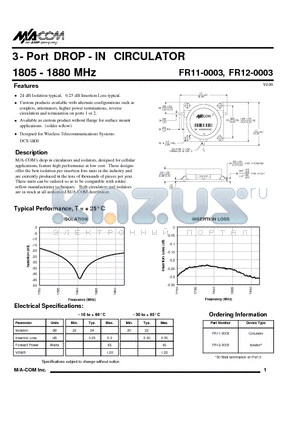 FR12-0003 datasheet - 3- Port DROP - IN CIRCULATOR 1805 - 1880 MHz