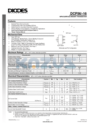 DCP56-16-13 datasheet - NPN SURFACE MOUNT TRANSISTOR