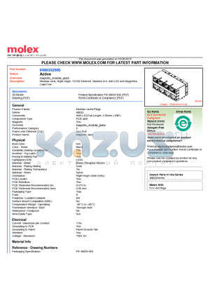 48033-2900 datasheet - Modular Jack, Right Angle, 10/100 Ethernet, Stacked 2x4, with LED and Magnetics, Lead Free