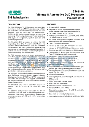 ES6218A datasheet - Vibratto-S Automotive DVD Processor Product Brief