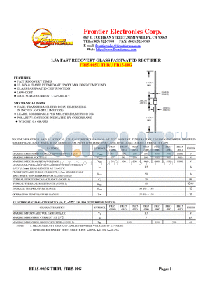 FR15-005G datasheet - 1.5A FAST RECOVERY GLASS PASSIVATED RECTIFIER