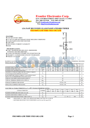 FR15-005G datasheet - 1.5A FAST RECOVERY GLASS PASSIVATED RECTIFIER