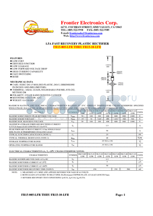 FR15-08-LFR datasheet - 1.5A FAST RECOVERY PLASTIC RECTIFIER