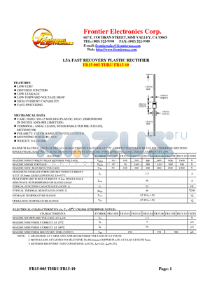 FR15-10 datasheet - 1.5A FAST RECOVERY PLASTIC RECTIFIER