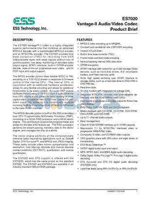 ES7020 datasheet - Vantage-II Audio/Video Codec Product Brief