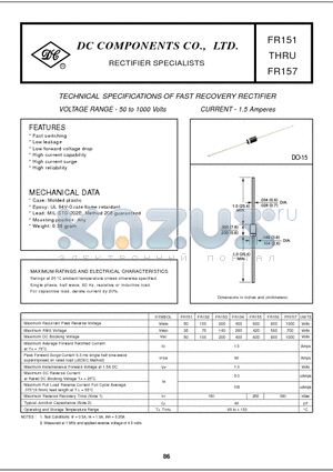 FR151 datasheet - TECHNICAL SPECIFICATIONS OF FAST RECOVERY RECTIFIER