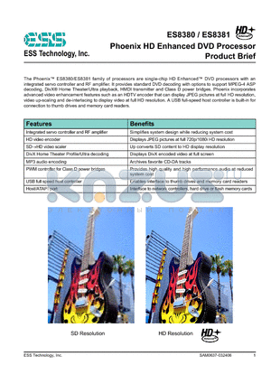 ES8381 datasheet - Phoenix HD Enhanced DVD Processor Product Brief