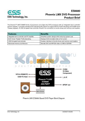 ES8680 datasheet - Phoenix LMX DVD Processor Product Brief