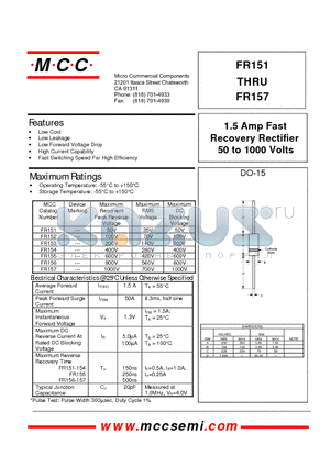 FR151 datasheet - 1.5 Amp Fast Recovery Rectifier 50 to 1000 Volts