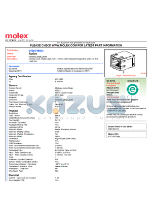 48074-9001 datasheet - Modular Jack, Right Angle, SMT, 10/100, with Integrated Magnetics and LED, 8/8, Lead free