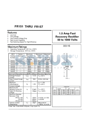FR151 datasheet - 1.5 Amp Fast Recovery Rectifier 50 to 1000 Volts