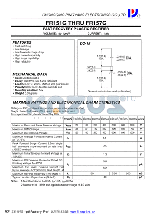 FR151G datasheet - FAST RECOVERY PLASTIC RECTIFIER