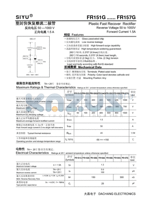 FR151G datasheet - Plastic Fast Recover Rectifier Reverse Voltage 50 to 1000V Forward Current 1.5A