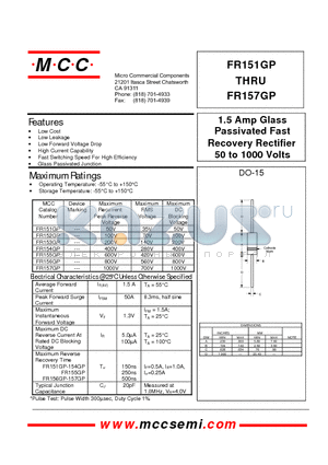 FR151GP datasheet - 1.5 Amp Glass Passivated Fast Recovery Rectifier 50 to 1000 Volts