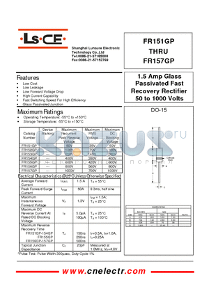 FR151GP datasheet - 1.5Amp Glass Passivated Fast Recovery Rectifier 50 to 1000 volts