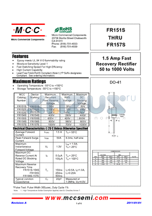 FR151S datasheet - 1.5 Amp Fast Recovery Rectifier 50 to 1000 Volts