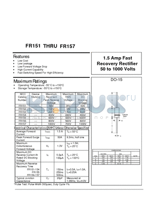 FR152 datasheet - 1.5 Amp Fast Recovery Rectifier 50 to 1000 Volts