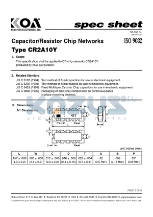 CR2A10YTE101/101J datasheet - Capacitor/Resistor Chip Networks